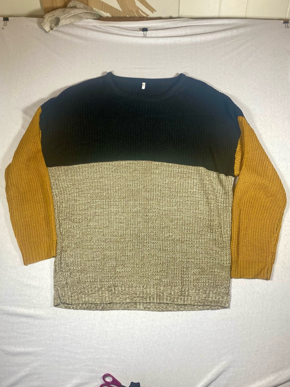 Colorblock Crewneck Sweater Black Mustard Oatmeal Size L